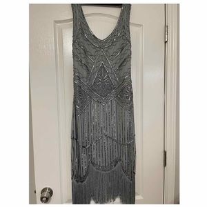 Grey Beaded Dress- Flapper Style (L)